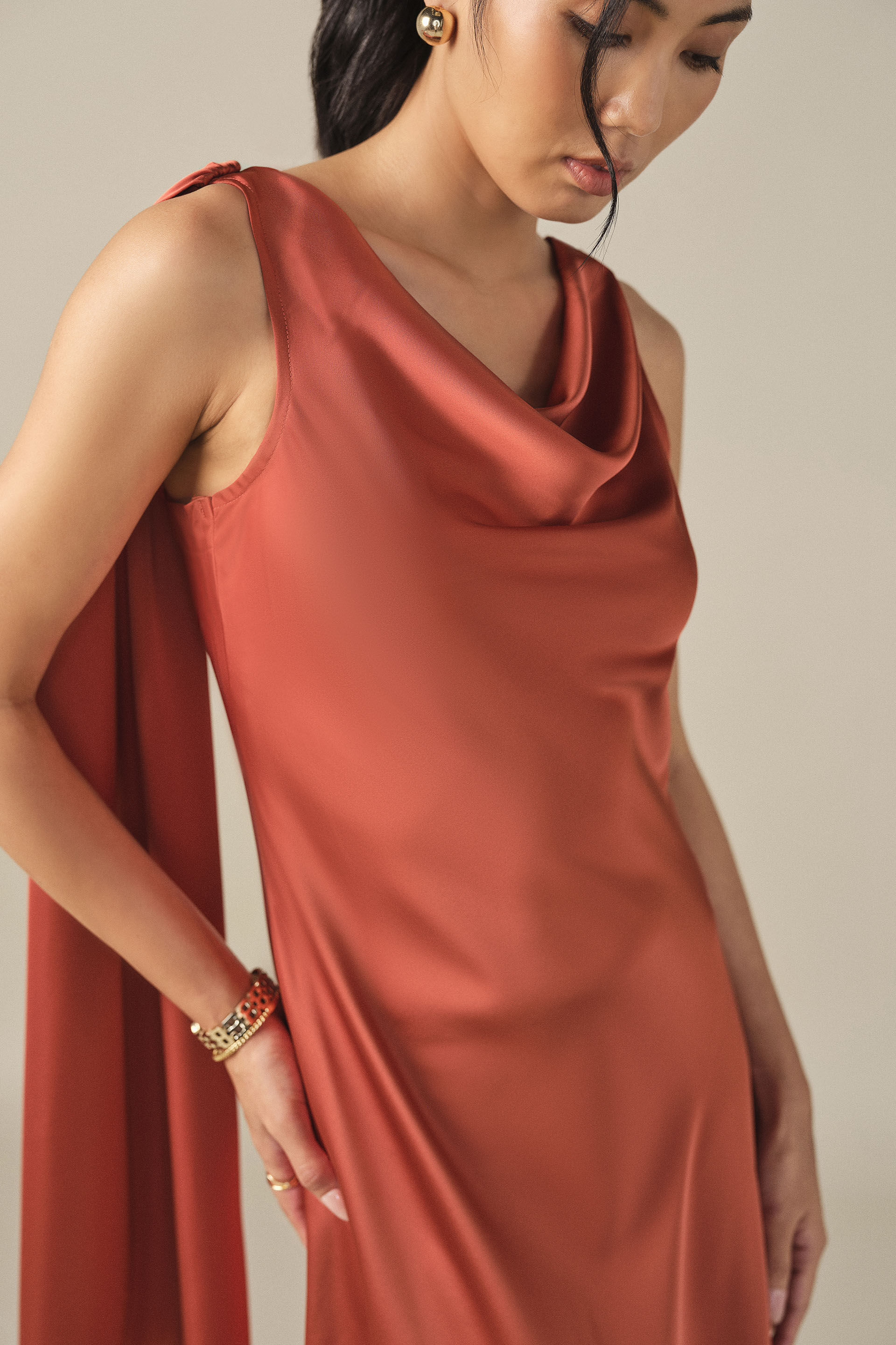 Cowl Maxi Satin Gown in Rust, Rust, image 5